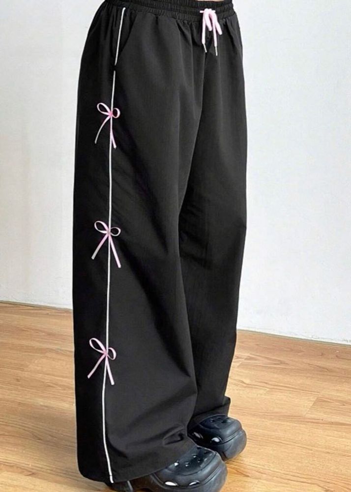 pink bow wide leg track pants