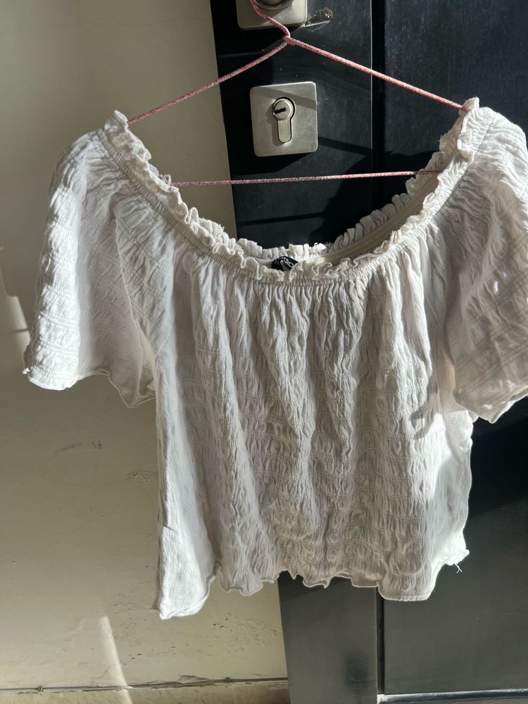 White Off-Shoulder Textured Crop Top