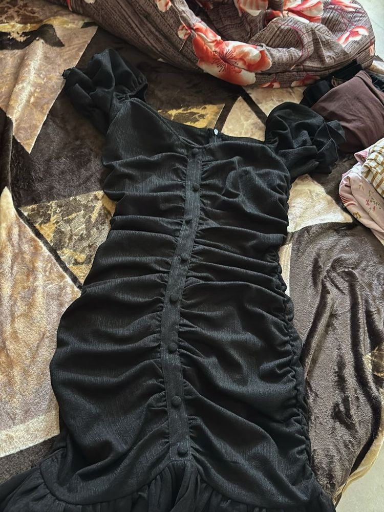 Elegant Black Ruched Button-Up Dress