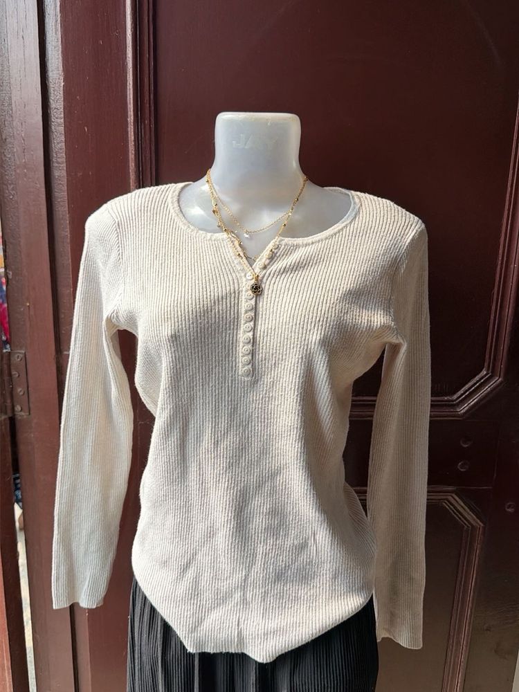 Cream Ribbed Henley Long Sleeve Top