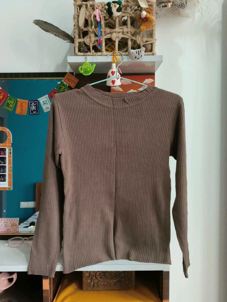 Brown Ribbed Long Sleeve Top