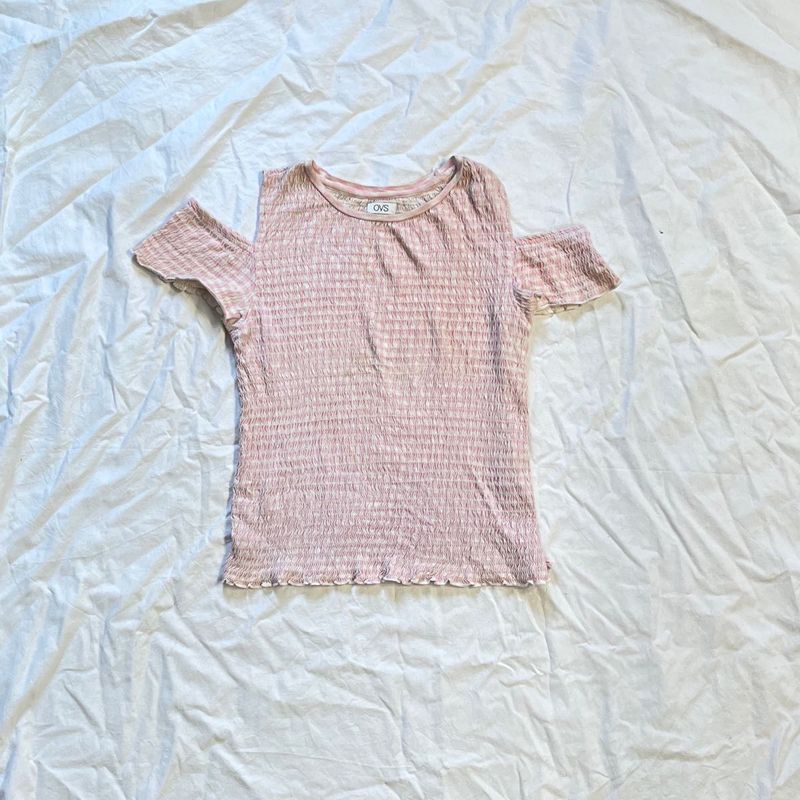 Cute Pink Smocked Cold Shoulder Top