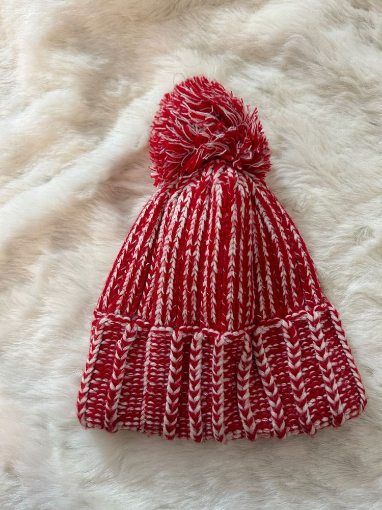 Red &amp; White Striped Beanie Winter Hat