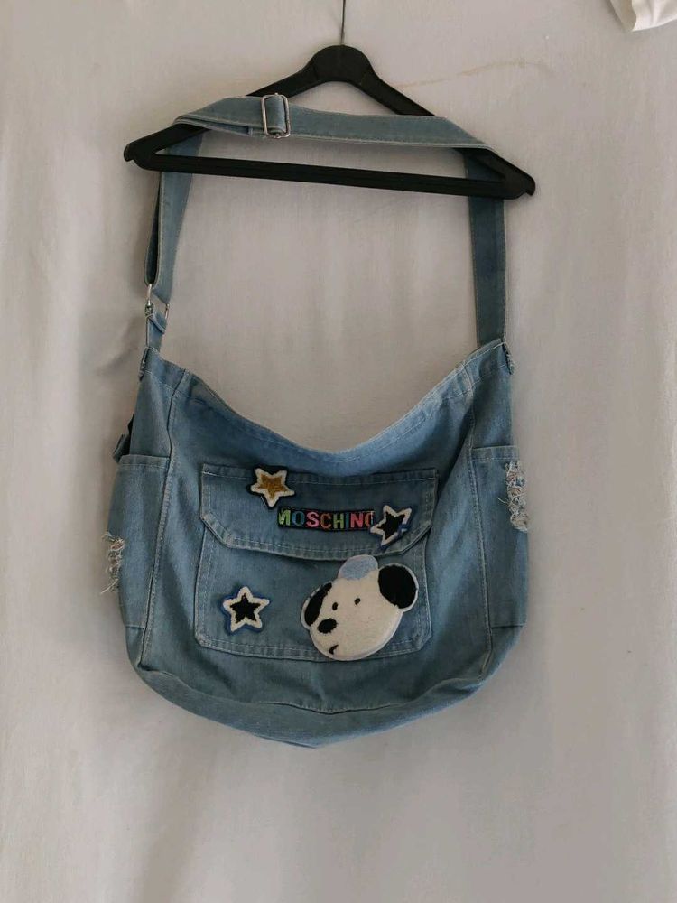 Denim Crossbody Bag with Patches