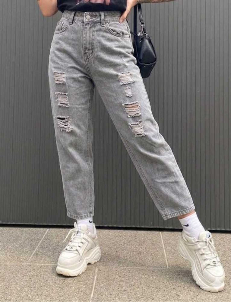 Grey Ripped Mom Jeans