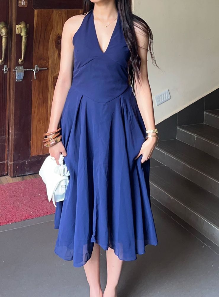 Elegant Navy Blue Halter Dress
