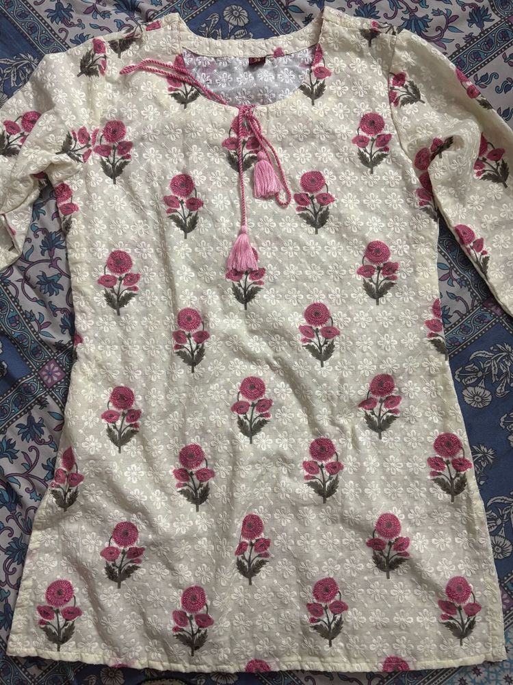 White kurta with pink floral print
