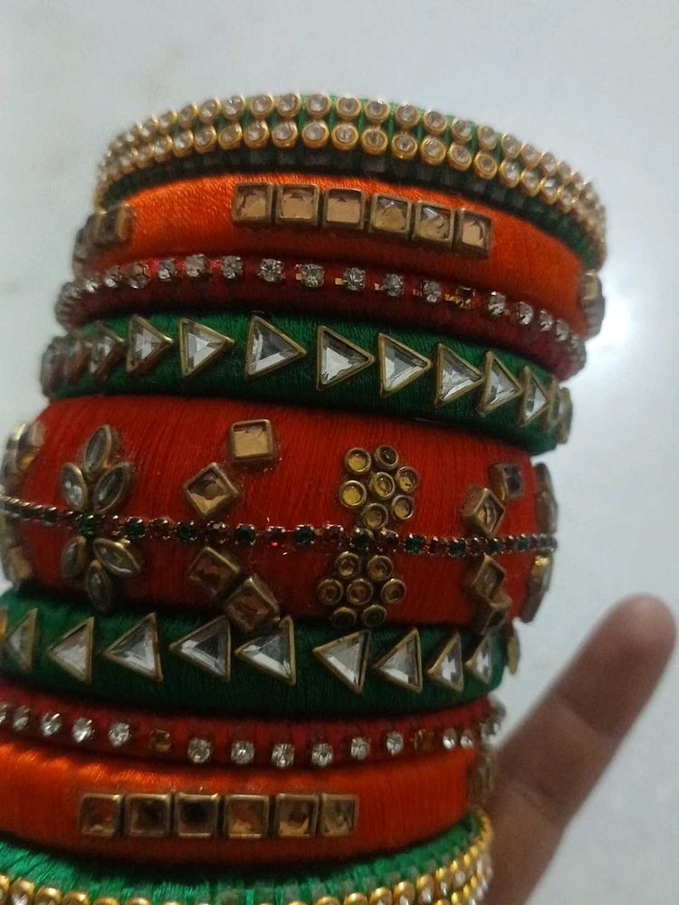 Stunning Orange &amp; Green Silk Thread Bangles