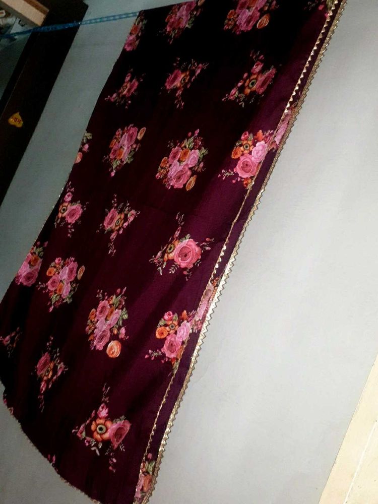 Floral Print Dupatta with Lace Border