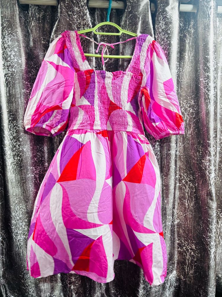 Boho Abstract Print Square Neck Dress