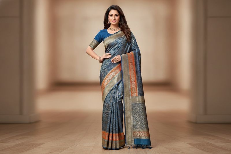 New Elegant Blue &amp; Orange Brocade Saree