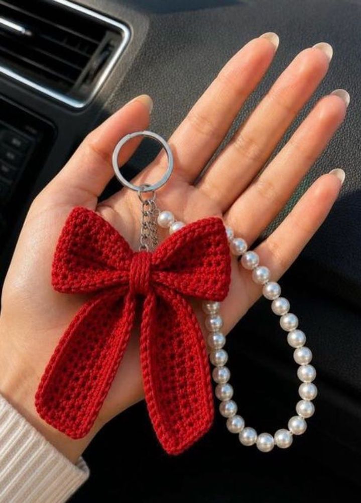 Charming Red Bow &amp; Pearl Keychain