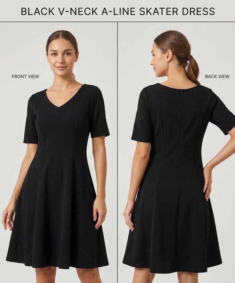 Classic Black V-Neck A-Line Skater Dress