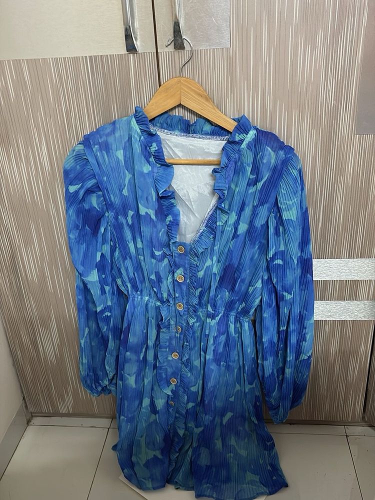 Blue Floral Print Button-Up Dress