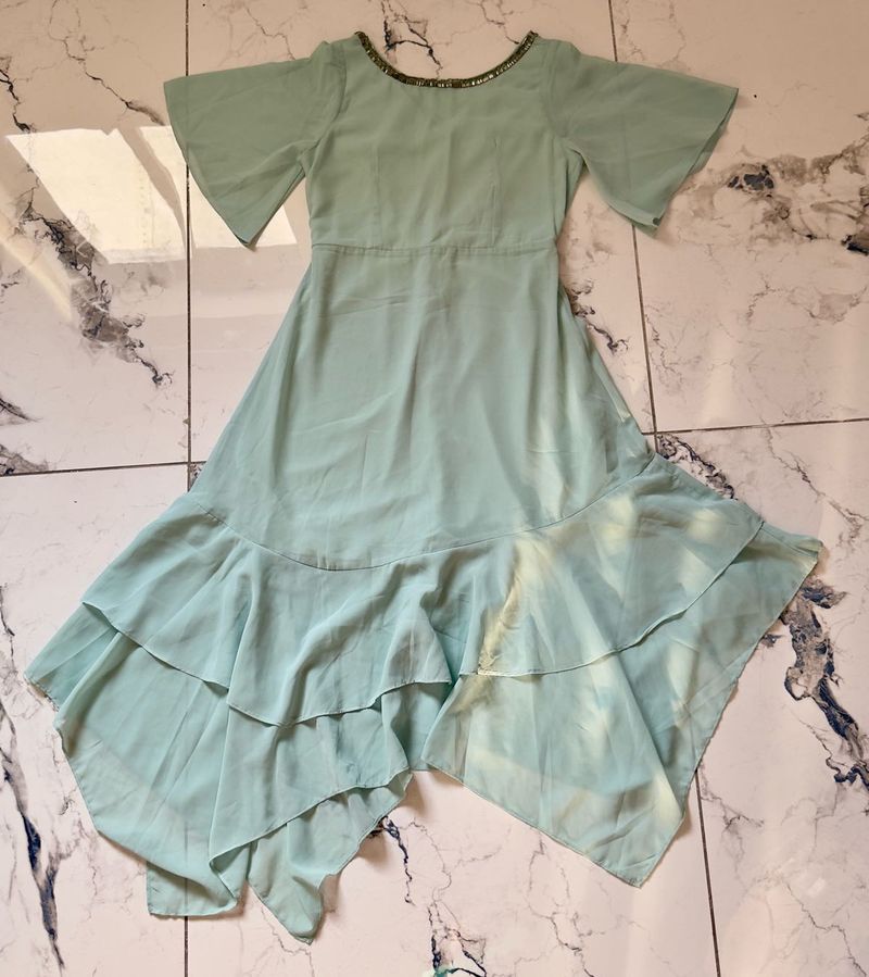 Asymmetrical Flowy Mint blue Ruffle Gown