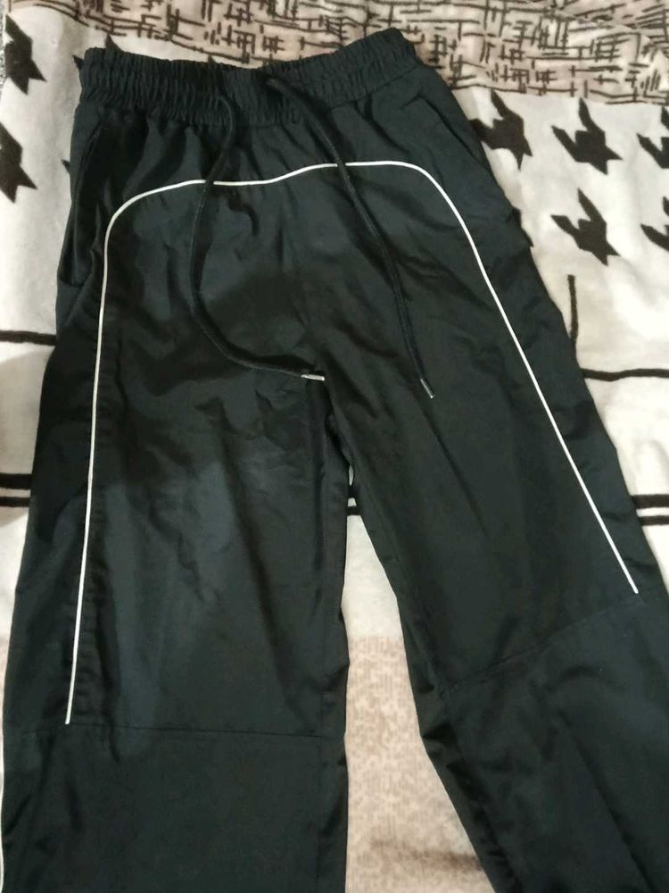 Baggy Fit Black Track Pants with White Stripes