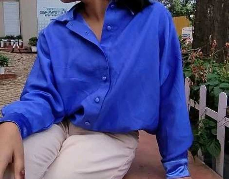 Fancy Blue Satin Button-Up Shirt