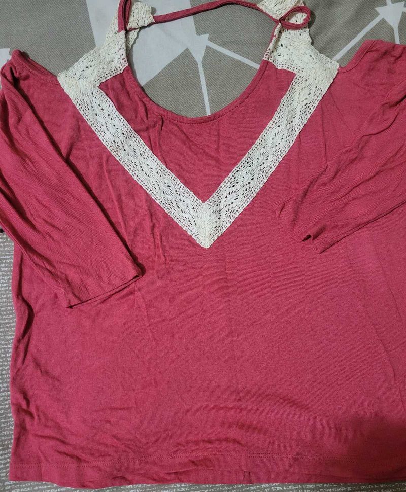 Chic Lace Trim Cold Shoulder Top