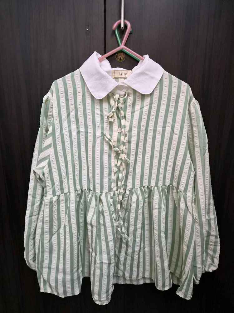 Striped Peter Pan Collar Tie-Up Top, New, Not worn