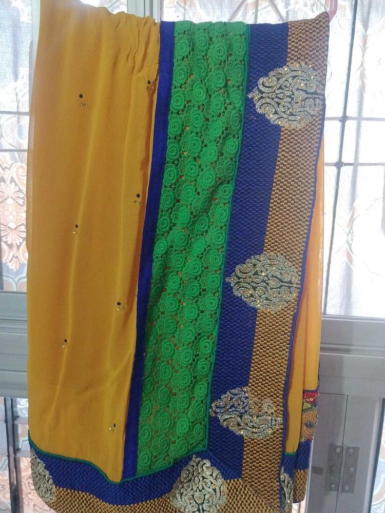 Vibrant Yellow Saree with Green &amp; Blue Border