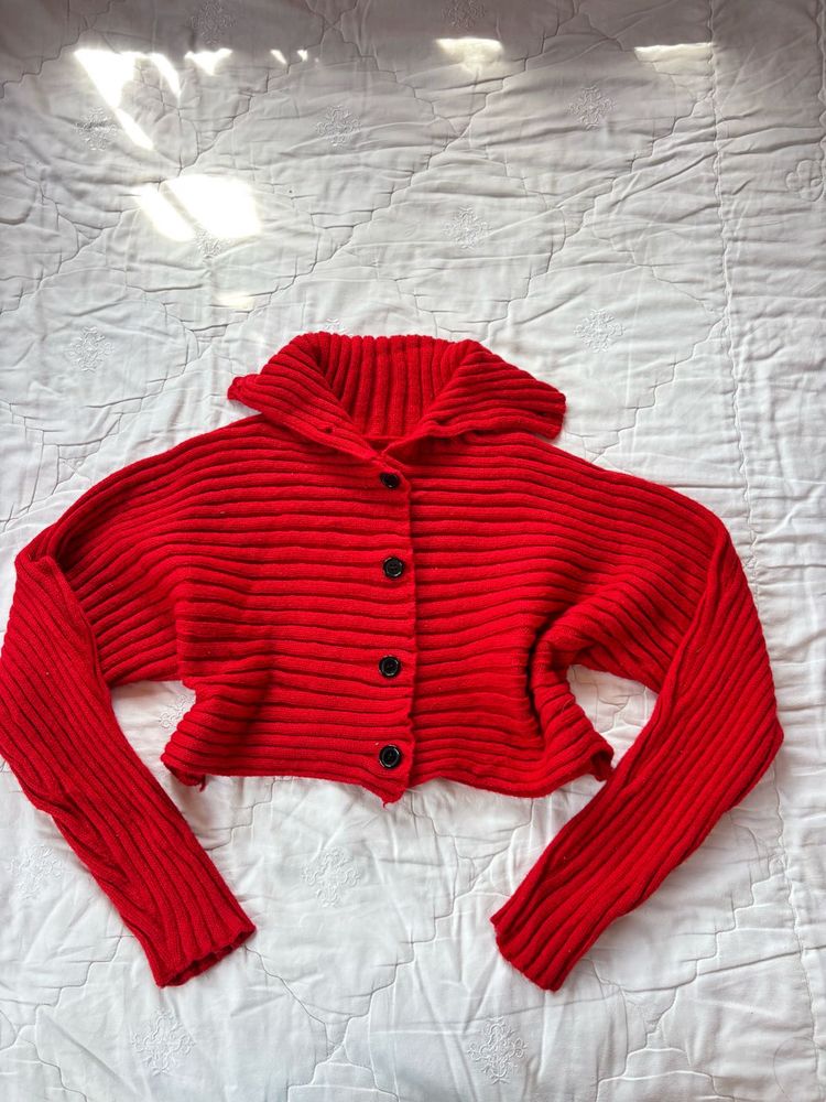 Red Cropped Knit Cardigan
