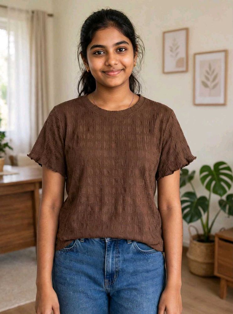 Textured Brown Short Sleeve Top
