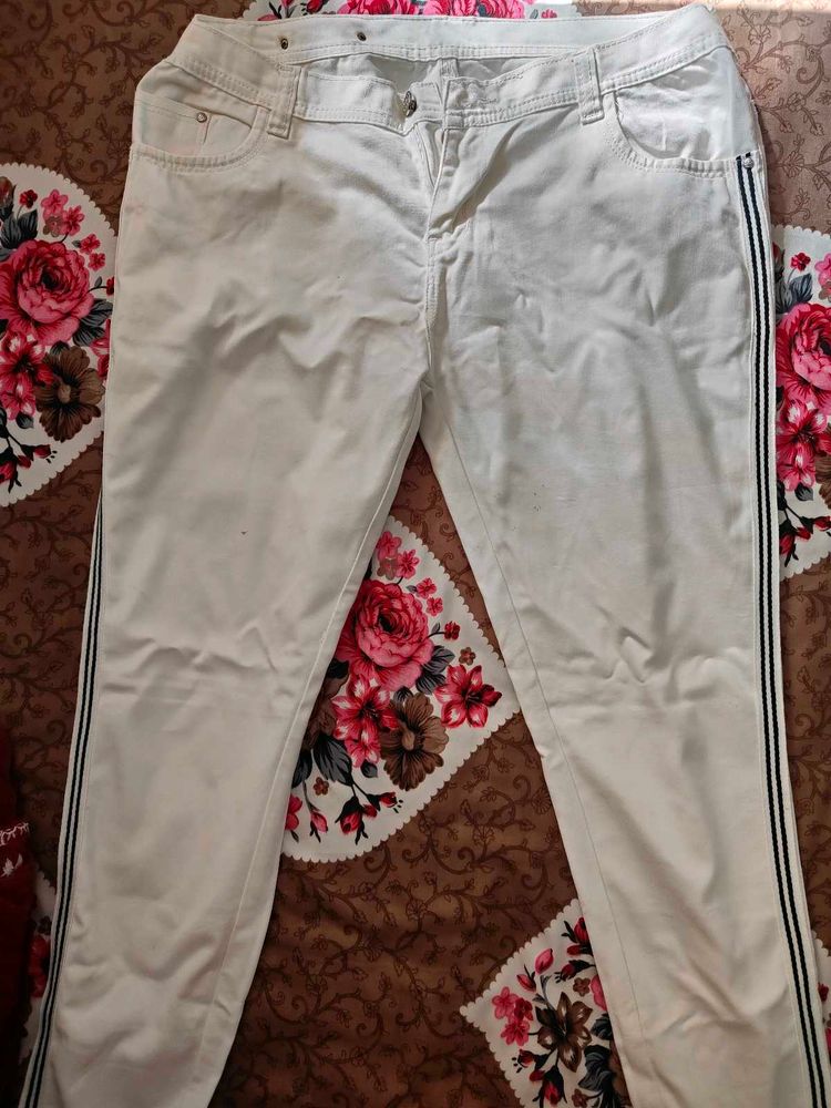 Cream Pants with Side Stripes