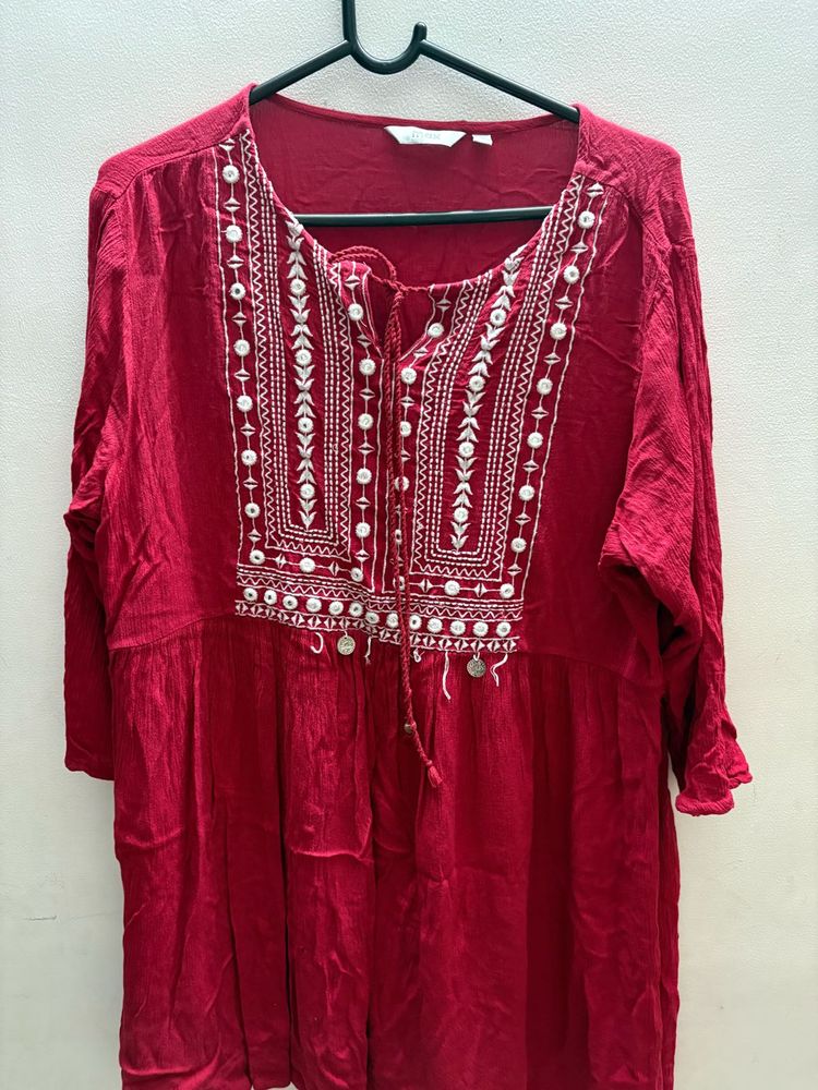 Red Embroidered Casual Tunic