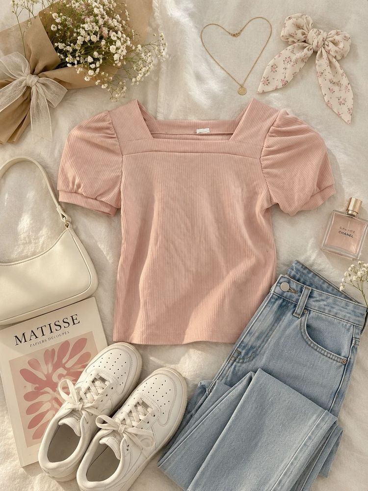 Cute Puff Sleeve Square Neck Top