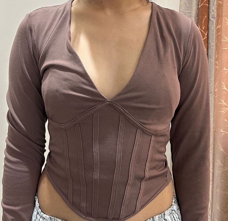 Brown Corset Detail Long Sleeve Top