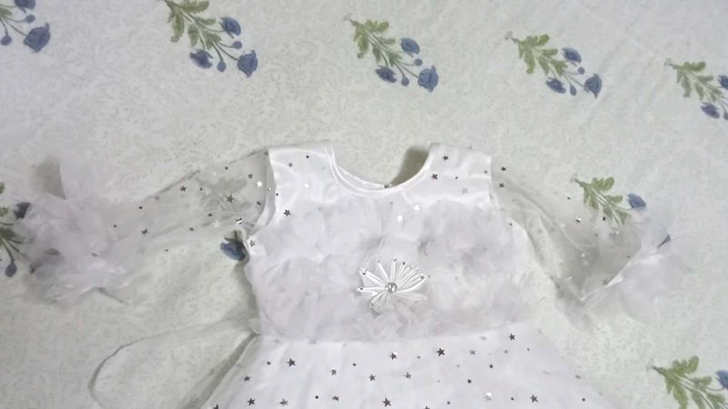 Girls White Star Print Net Frock with Ruffle Sleev