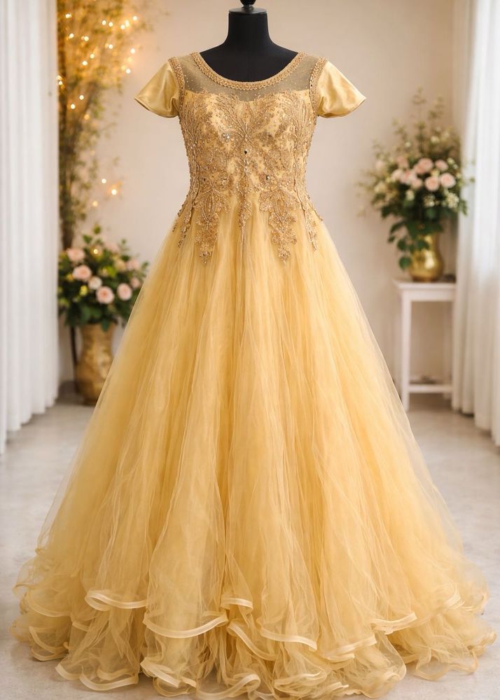 Doll Golden Party Wear Gown Full Size And Length
