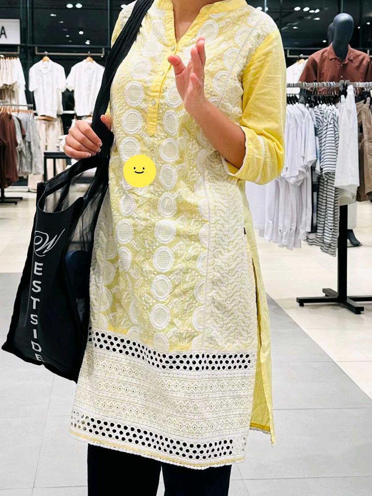 Embroidered chikankari Yellow Kurta