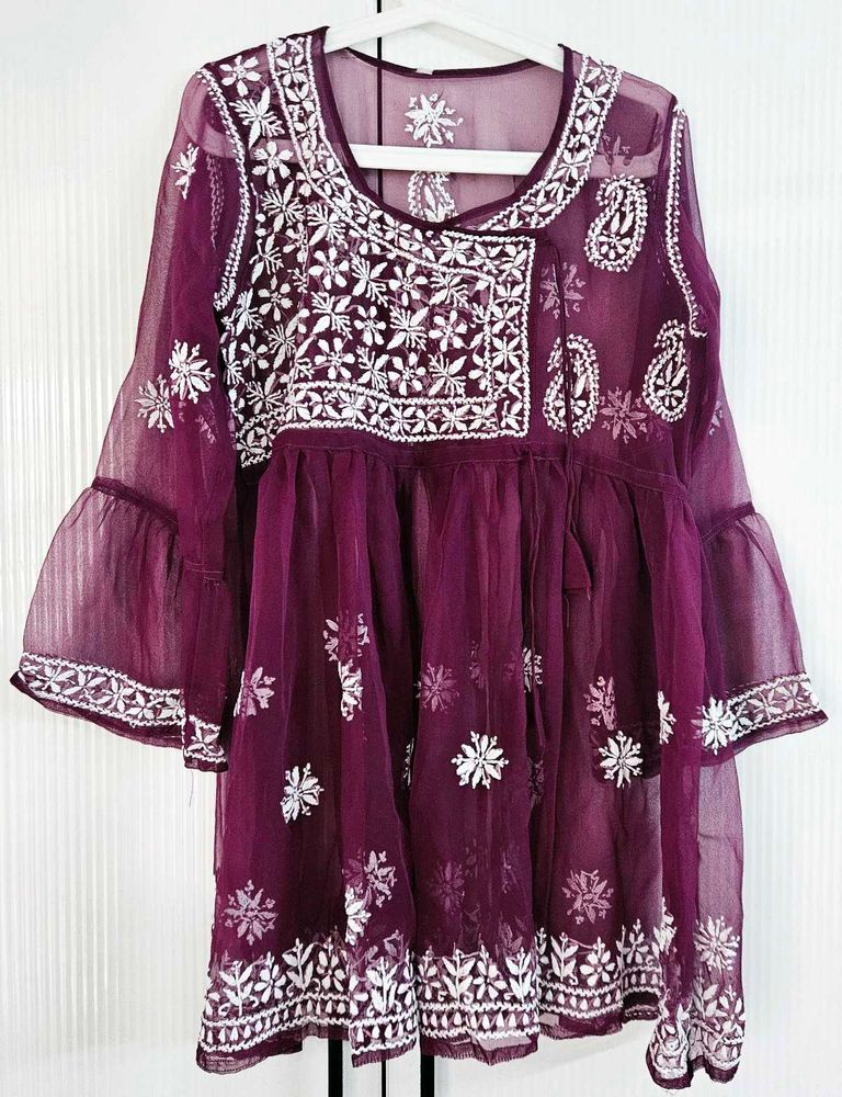 Chikankari Angrakha Purple Kurta