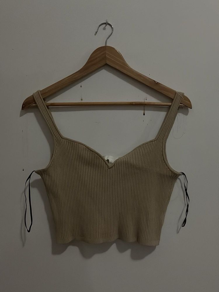 Ribbed Beige V-Neck Crop Top