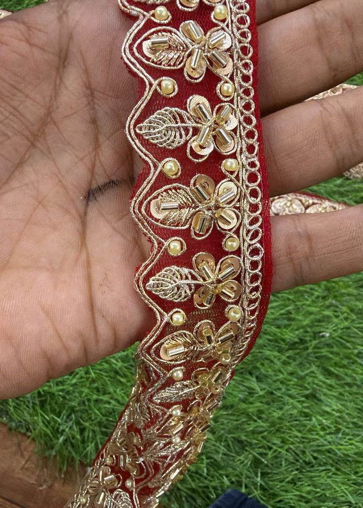 Red Embroidered Dupatta Lace Trim