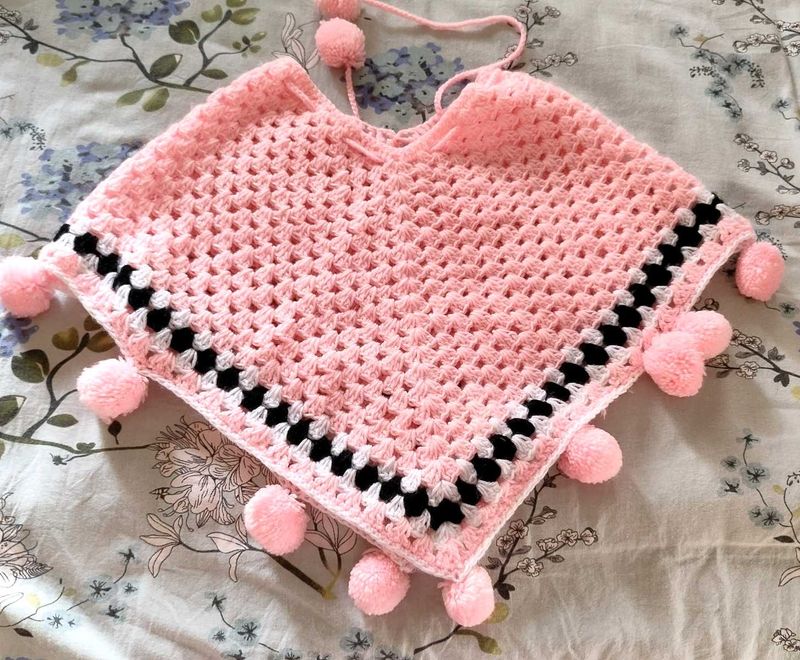 Handmade Crochet Poncho with Pom-Poms