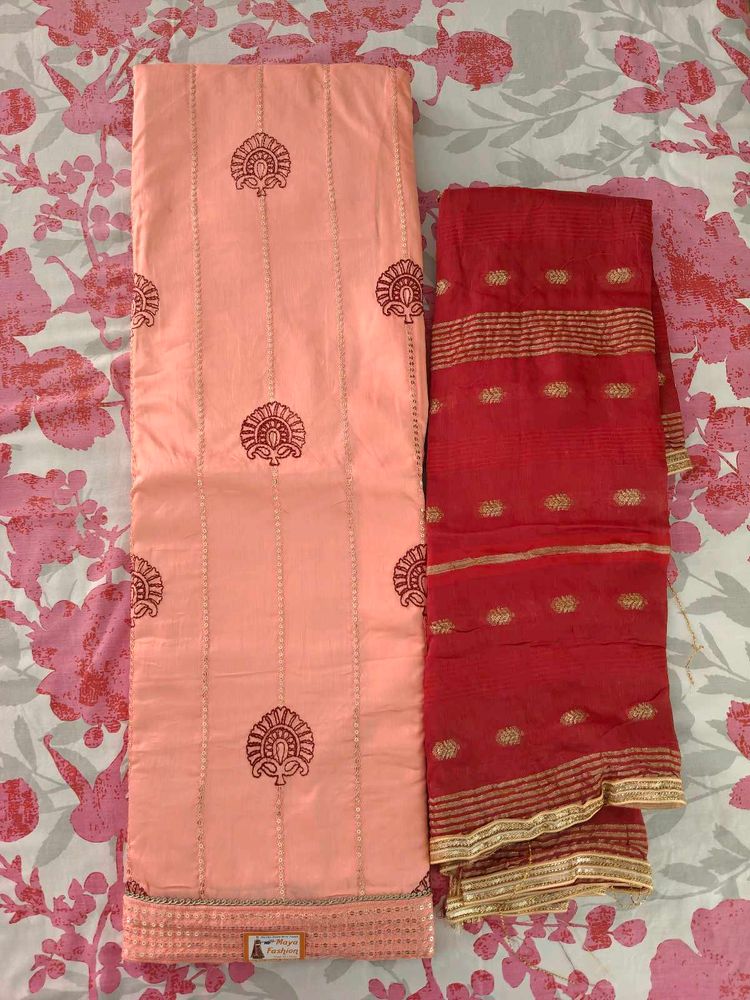 Elegant Peach &amp; Red Kurta Suit Material