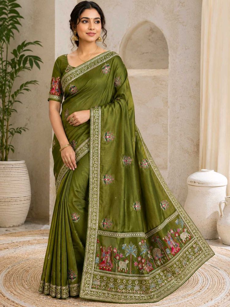 Elegant Green Embroidered Silk Saree
