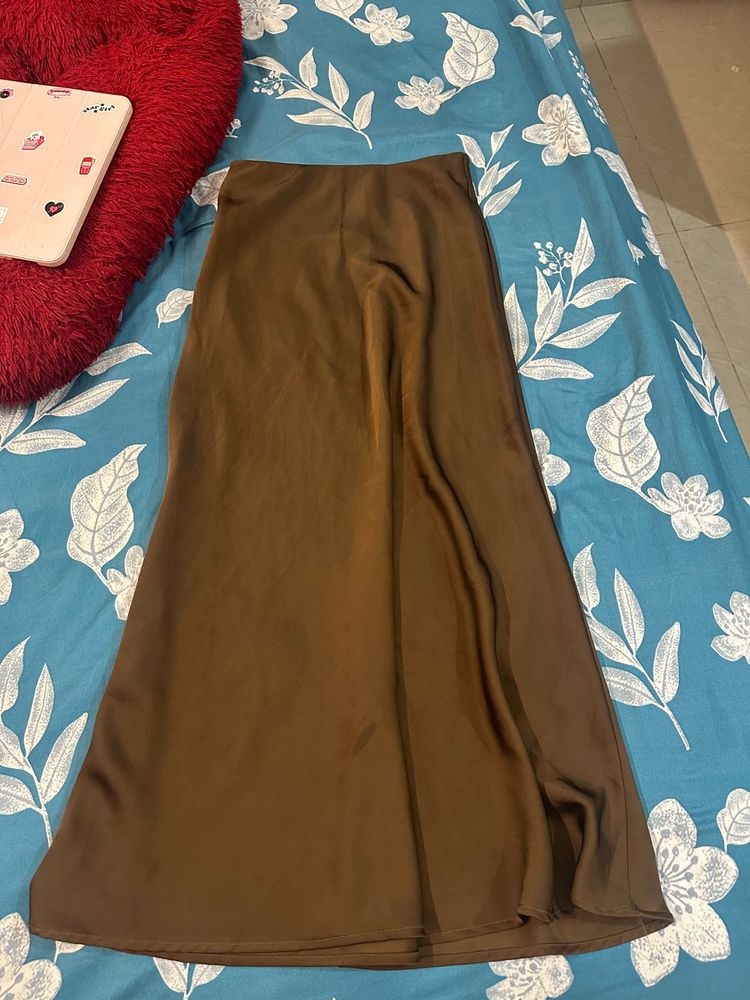 Brown Satin Midi Skirt