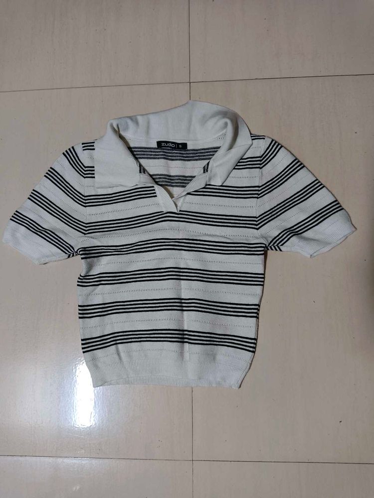 Striped Polo Neck Top