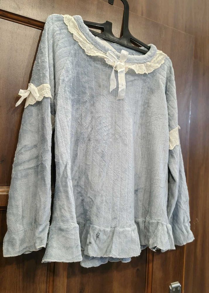 Cozy Blue Sleep Top with Lace Trim
