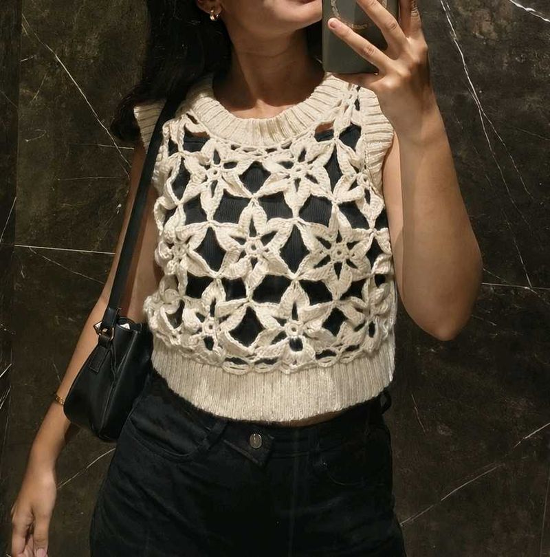 Cream Crochet Knit Sleeveless Top