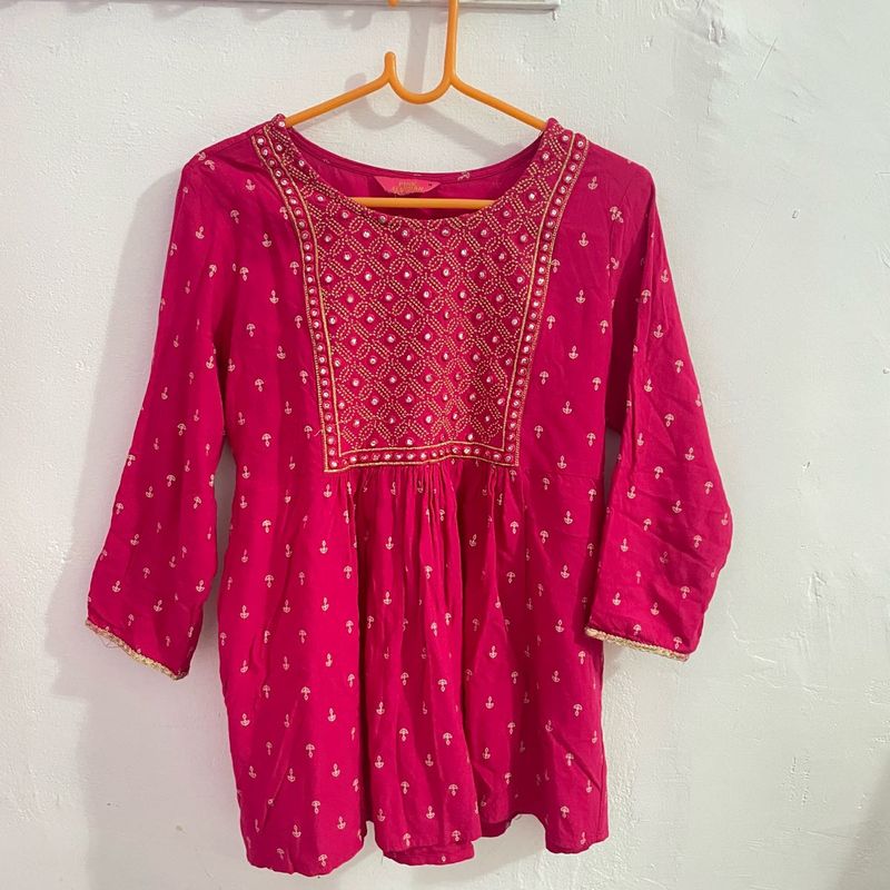 pink tunic with mirror work yoke