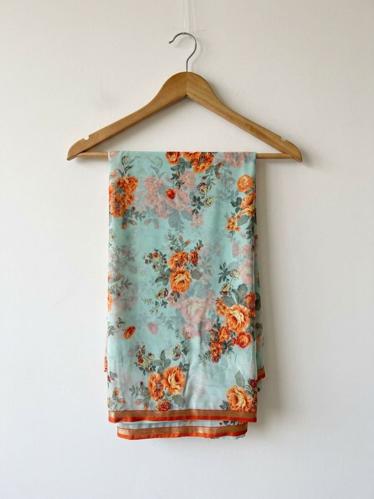Light Blue Floral Print Saree no blouse