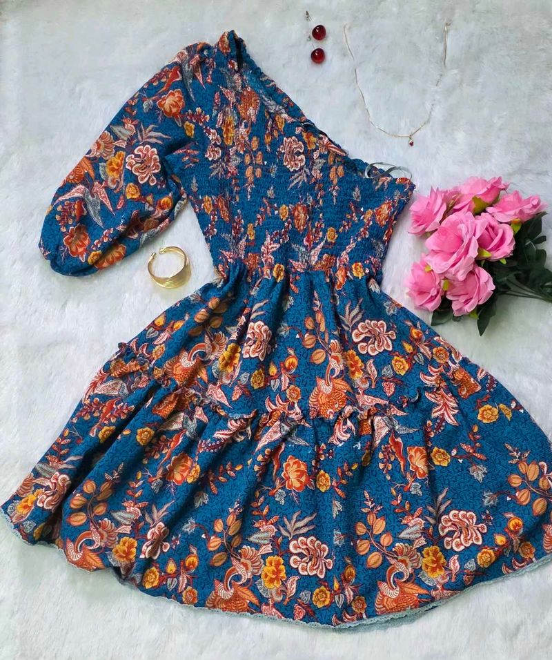 Boho Blue Floral One Shoulder Dress |