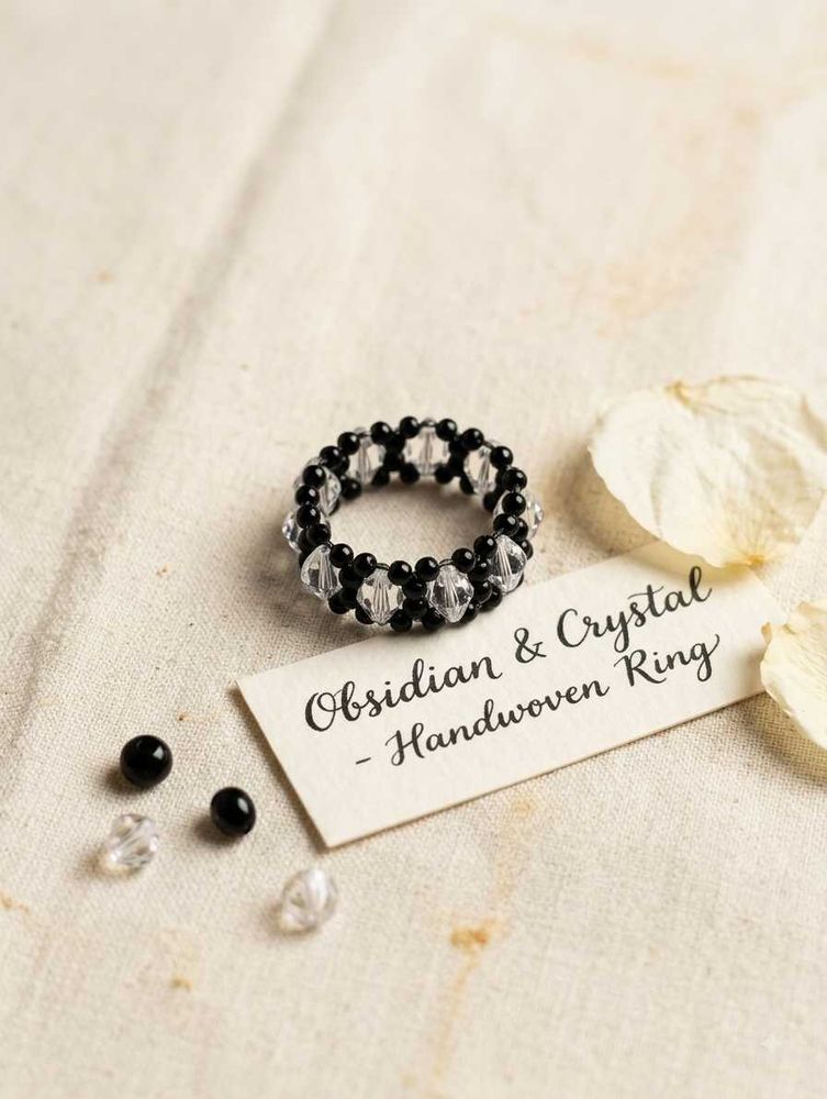 Obsidian &amp; Crystal Handwoven Ring