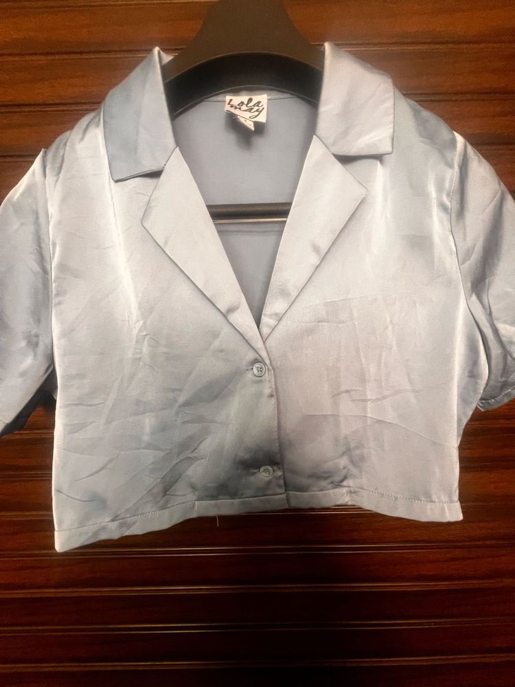 Baby Blue Satin Cropped Shirt
