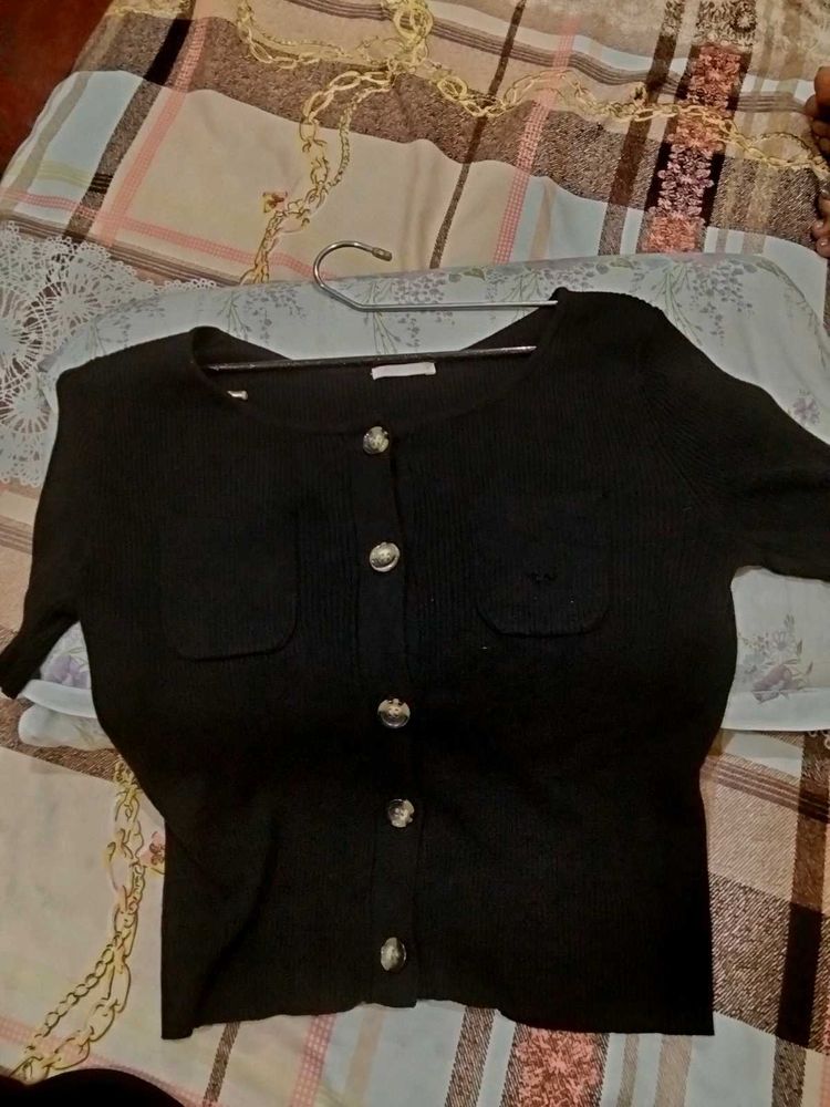Black Button-Up Knit Top