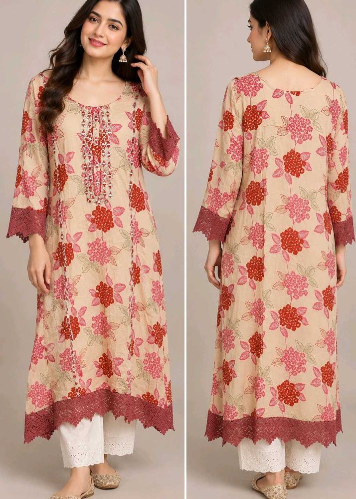Floral Print Kurta with Embroidered Neckline